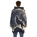Full Moon Howling Wolf Print Hoodie Blanket