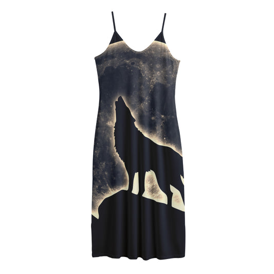 Full Moon Howling Wolf Print Jersey Midi Cami Dress