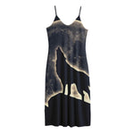 Full Moon Howling Wolf Print Jersey Midi Cami Dress