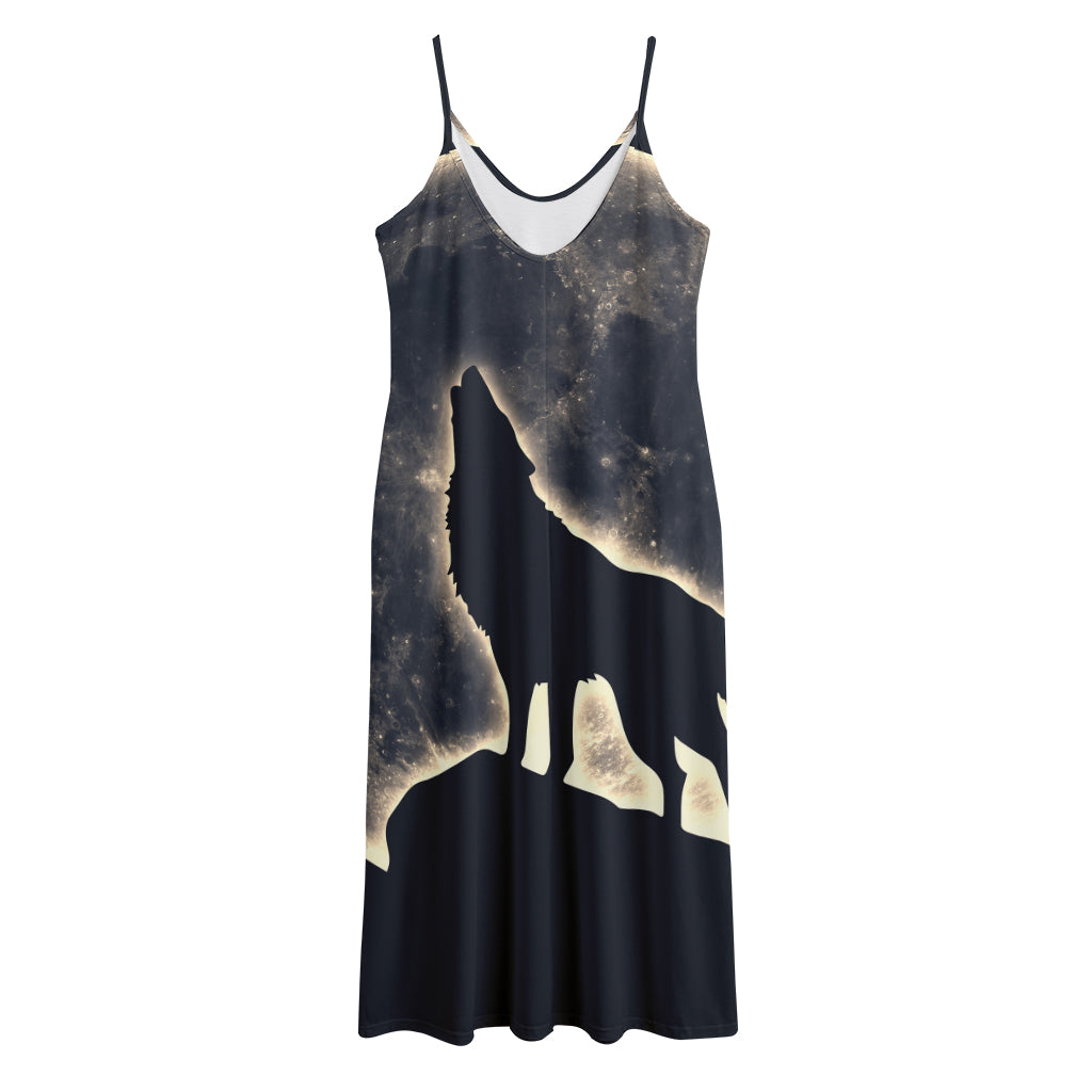 Full Moon Howling Wolf Print Jersey Midi Cami Dress