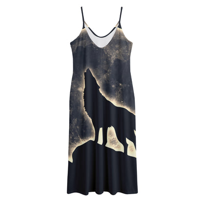 Full Moon Howling Wolf Print Jersey Midi Cami Dress