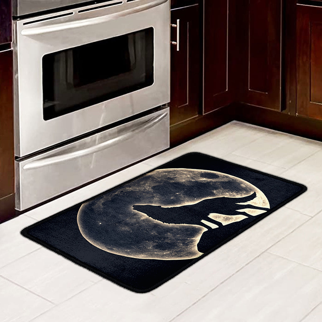 Full Moon Howling Wolf Print Kitchen Mat