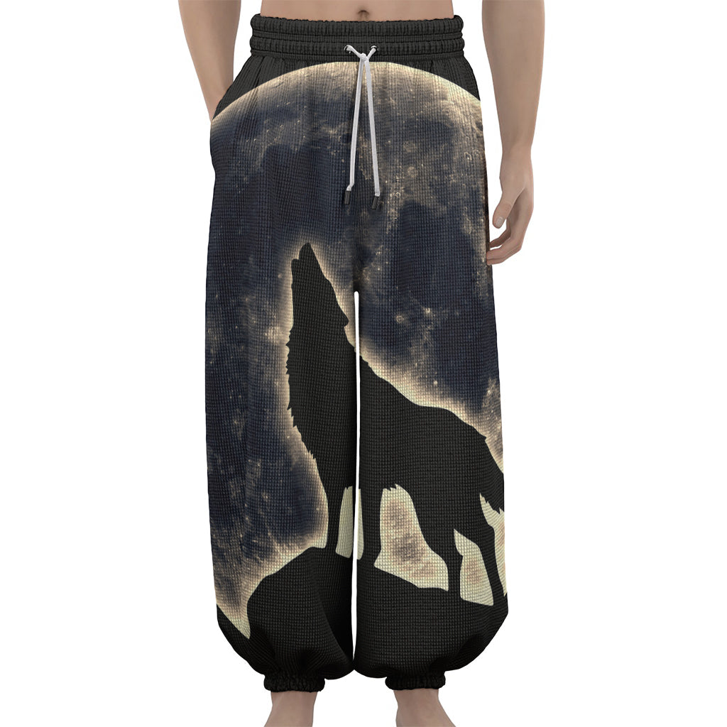 Full Moon Howling Wolf Print Lantern Pants