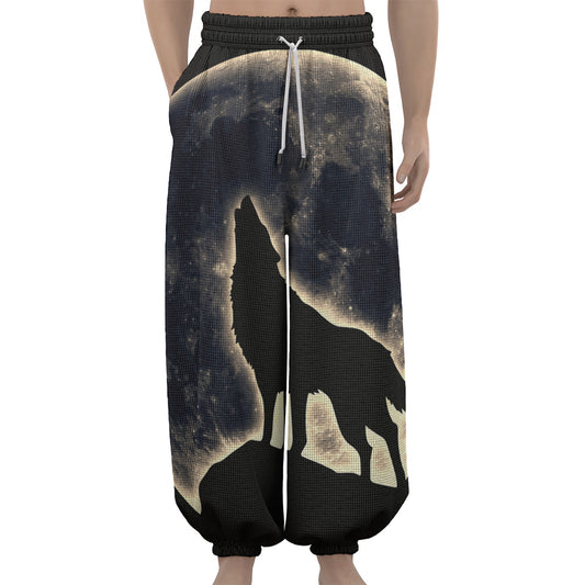 Full Moon Howling Wolf Print Lantern Pants