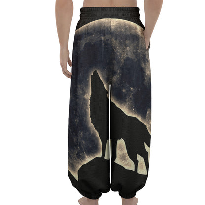 Full Moon Howling Wolf Print Lantern Pants