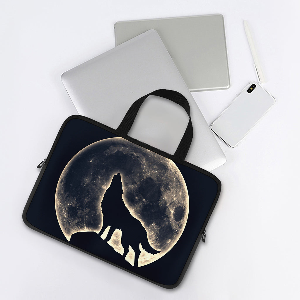 Full Moon Howling Wolf Print Laptop Sleeve With Handle
