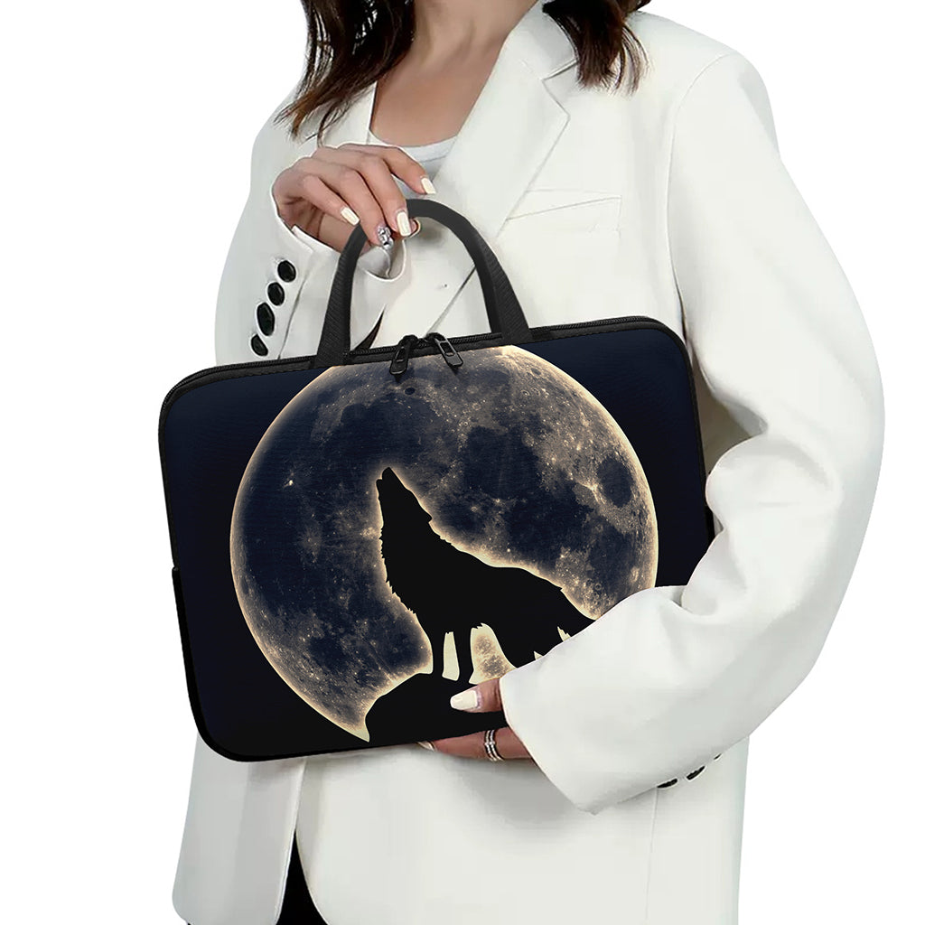 Full Moon Howling Wolf Print Laptop Sleeve With Handle