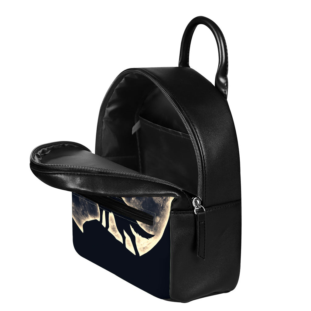 Full Moon Howling Wolf Print Leather Backpack