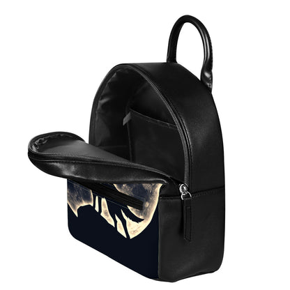 Full Moon Howling Wolf Print Leather Backpack