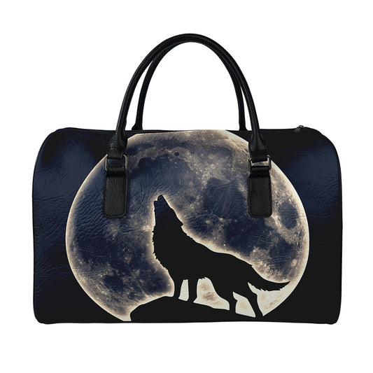Full Moon Howling Wolf Print Leather Duffle Bag