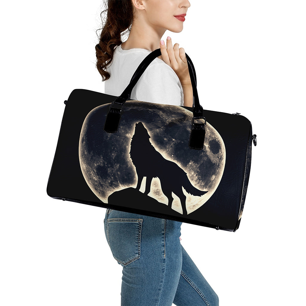 Full Moon Howling Wolf Print Leather Duffle Bag