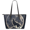 Full Moon Howling Wolf Print Leather Tote Bag With Zipper
