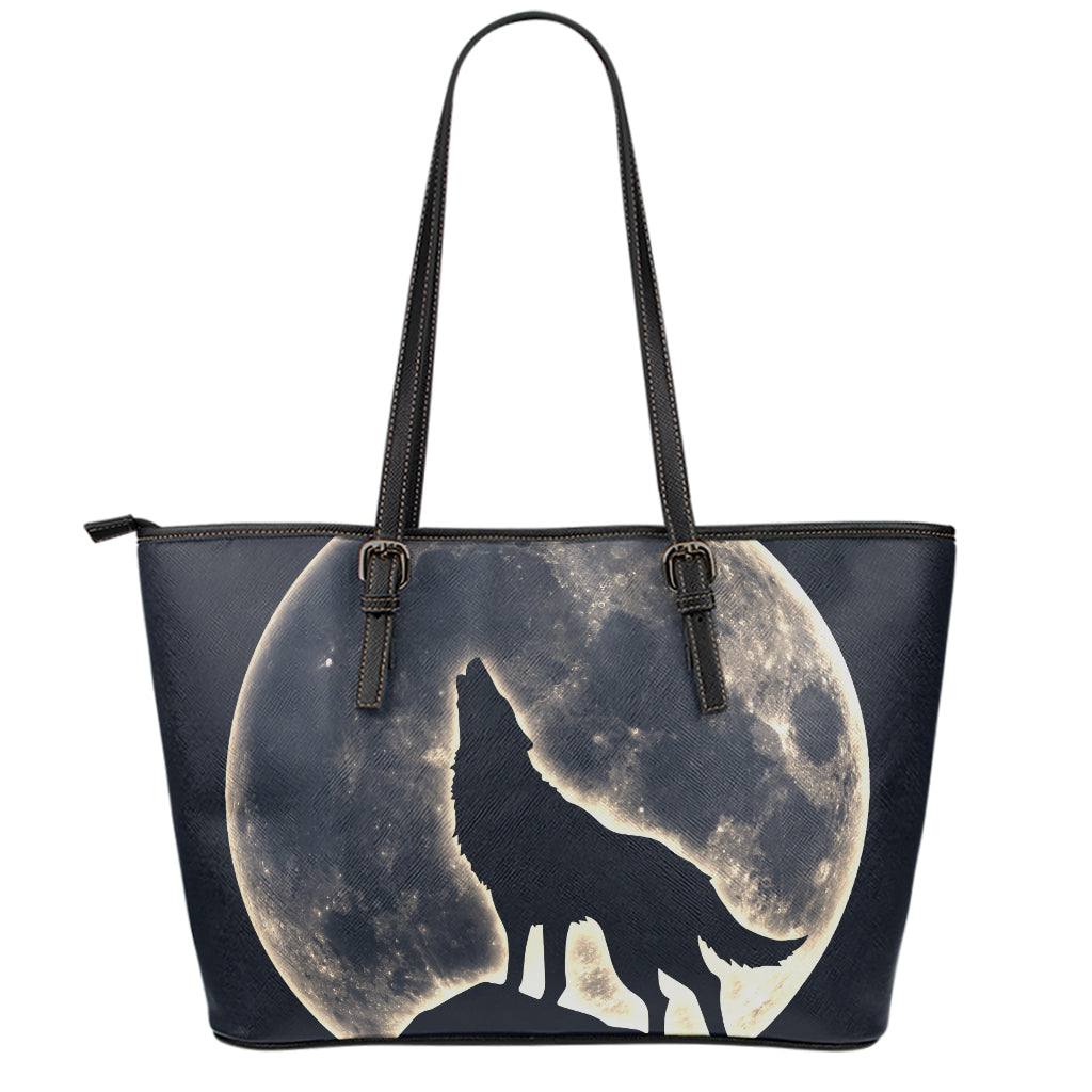 Full Moon Howling Wolf Print Leather Tote Bag