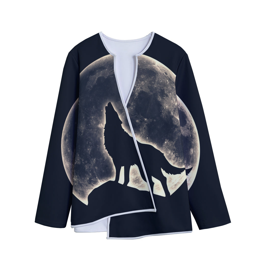 Full Moon Howling Wolf Print Long Sleeve Short Coat