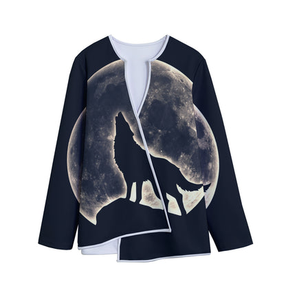 Full Moon Howling Wolf Print Long Sleeve Short Coat