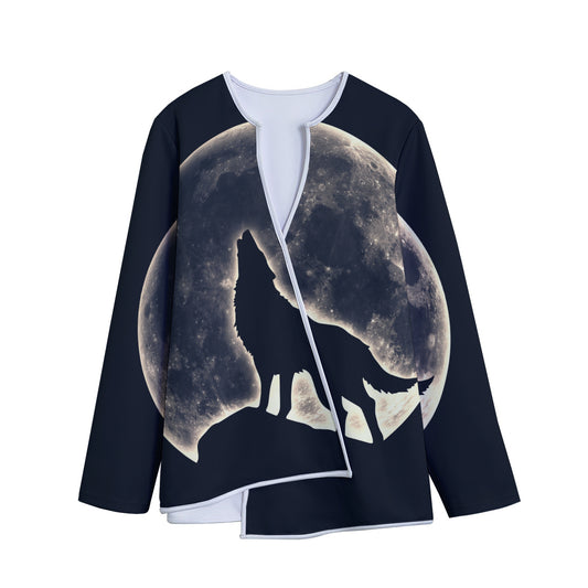 Full Moon Howling Wolf Print Long Sleeve Short Coat