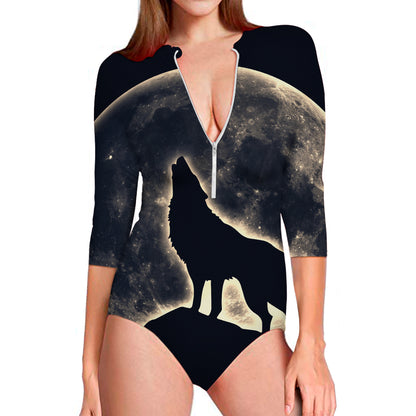 Full Moon Howling Wolf Print Long Sleeve Swimsuit