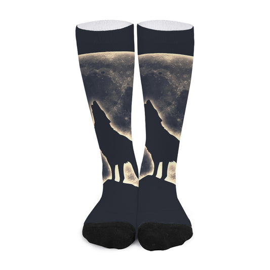Full Moon Howling Wolf Print Long Socks
