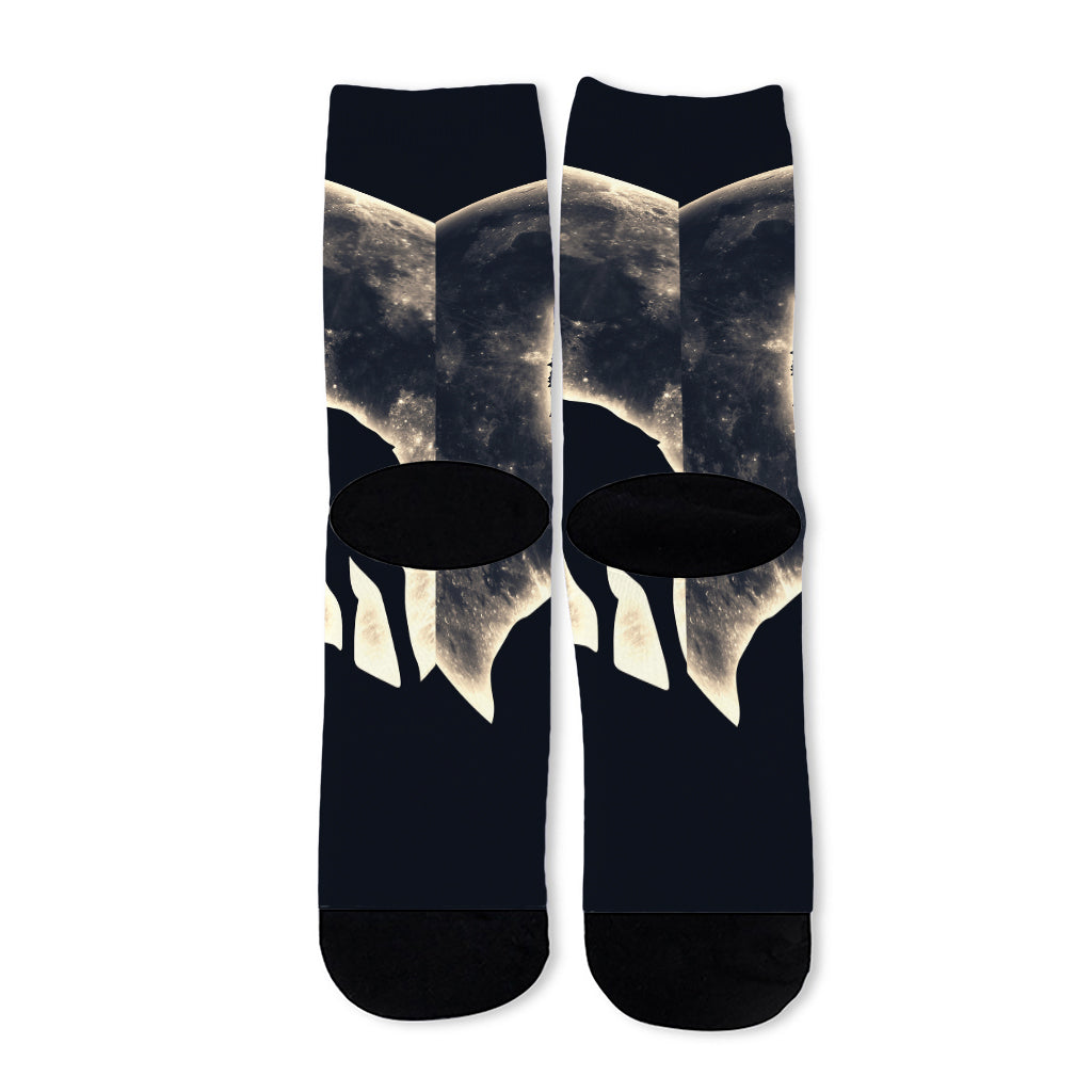 Full Moon Howling Wolf Print Long Socks