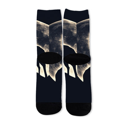 Full Moon Howling Wolf Print Long Socks