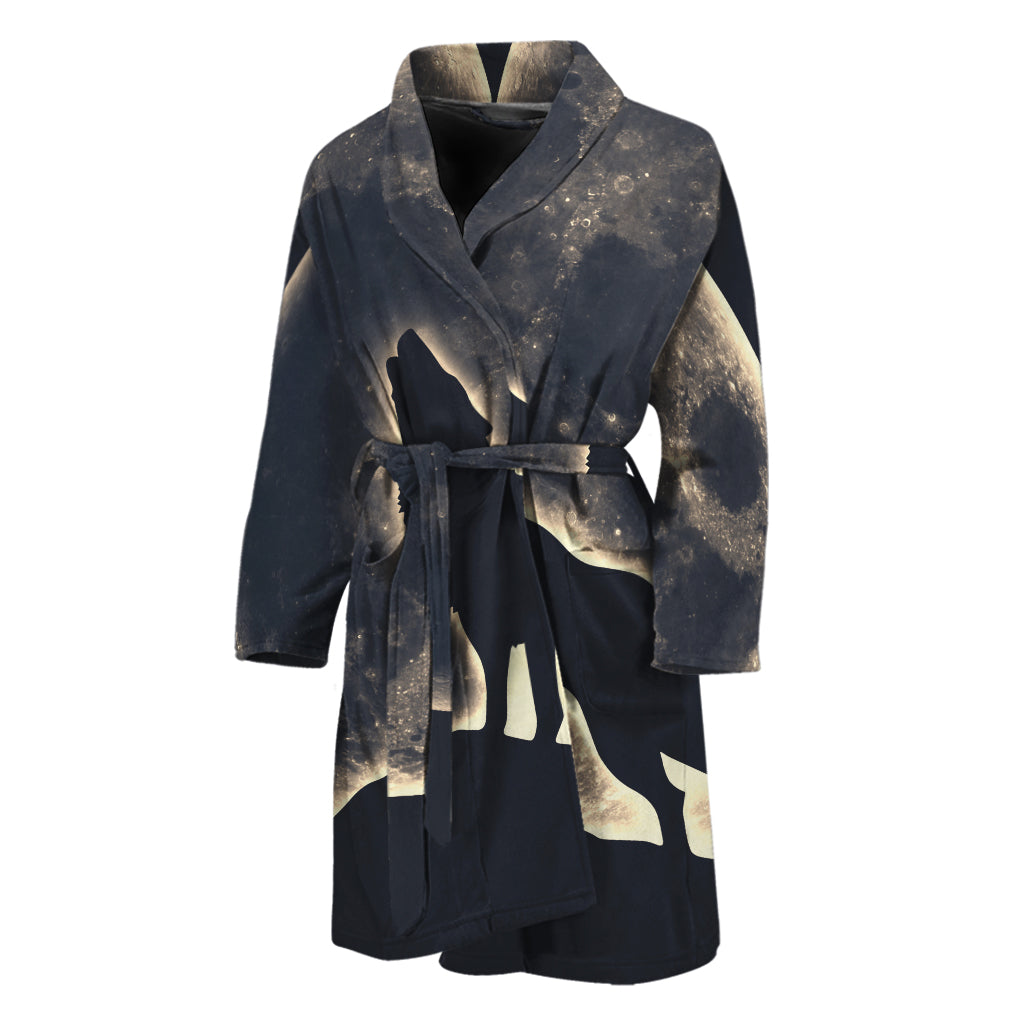 Full Moon Howling Wolf Print Men's Bathrobe