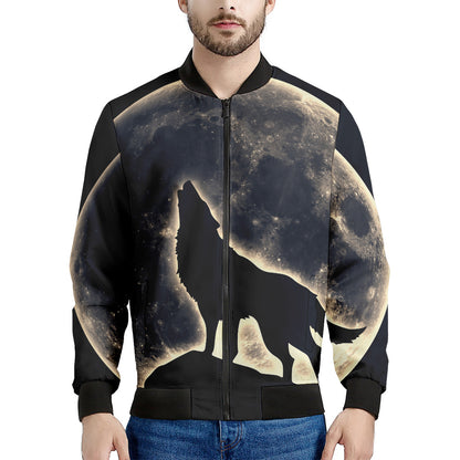 Full Moon Howling Wolf Print Men's Bomber Jacket
