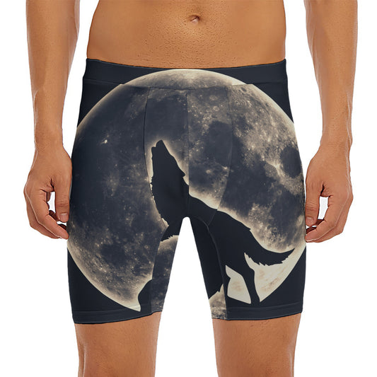 Full Moon Howling Wolf Print Men's Long Boxer Briefs