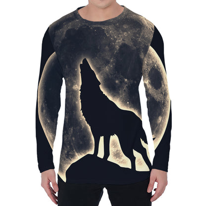 Full Moon Howling Wolf Print Men's Long Sleeve T-Shirt