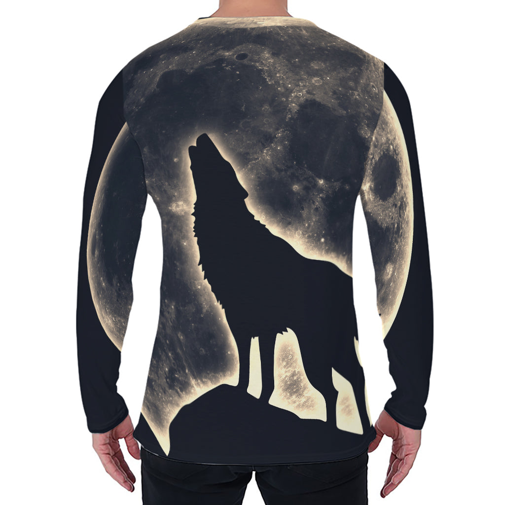 Full Moon Howling Wolf Print Men's Long Sleeve T-Shirt