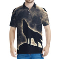 Full Moon Howling Wolf Print Men's Polo Shirt