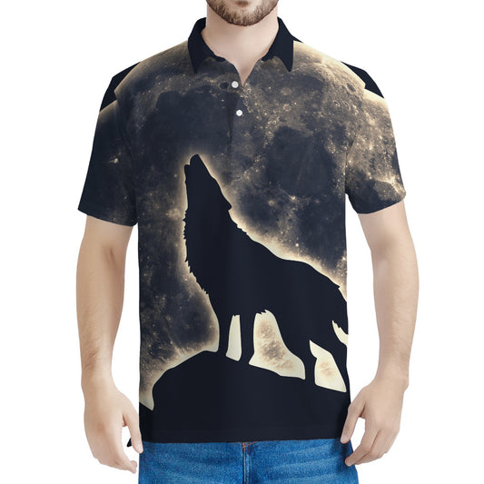 Full Moon Howling Wolf Print Men's Polo Shirt