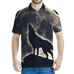 Full Moon Howling Wolf Print Men's Polo Shirt