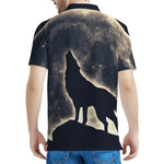 Full Moon Howling Wolf Print Men's Polo Shirt