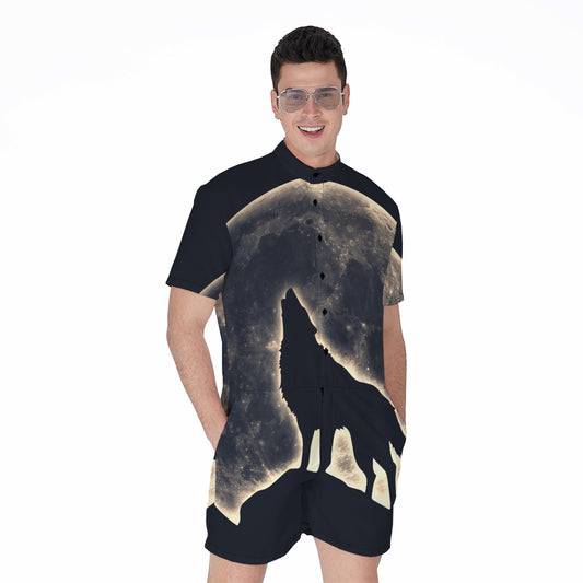 Full Moon Howling Wolf Print Men's Rompers