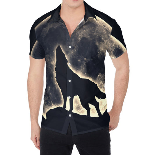 Full Moon Howling Wolf Print Men's Shirt