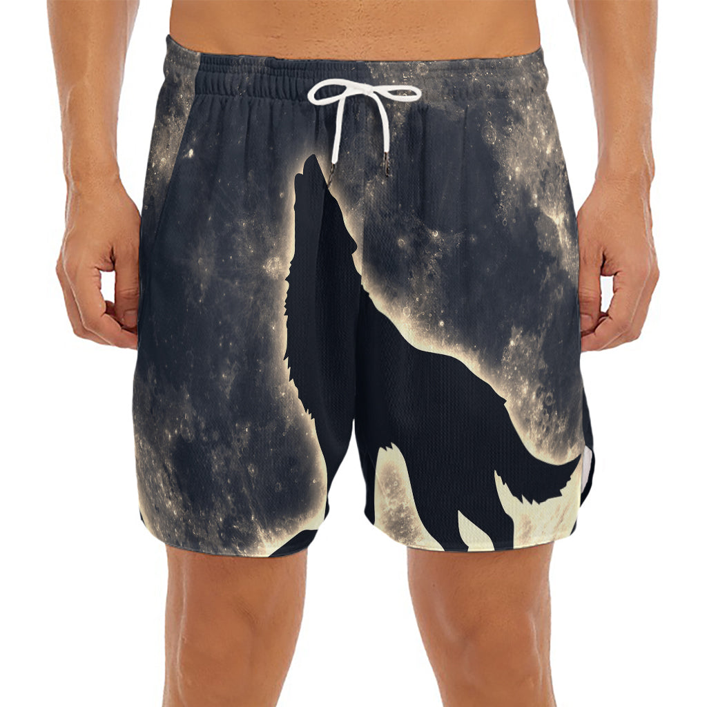 Full Moon Howling Wolf Print Men's Split Running Shorts