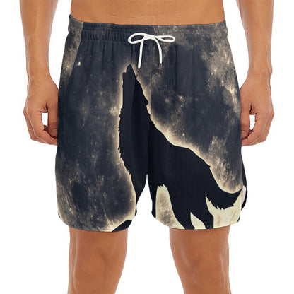 Full Moon Howling Wolf Print Men's Split Running Shorts