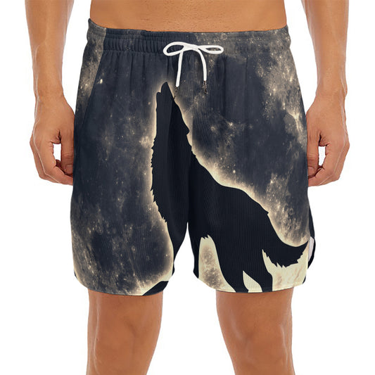 Full Moon Howling Wolf Print Men's Split Running Shorts