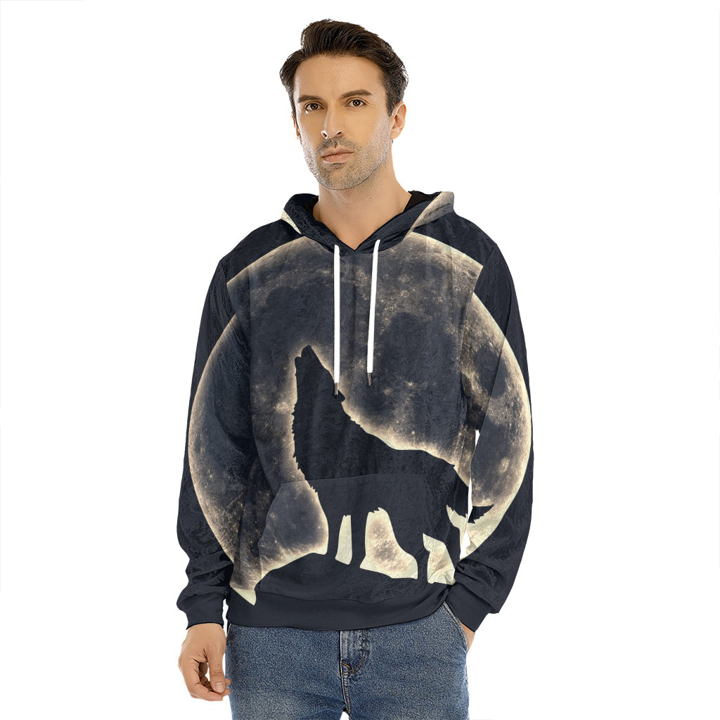 Full Moon Howling Wolf Print Men's Velvet Pullover Hoodie