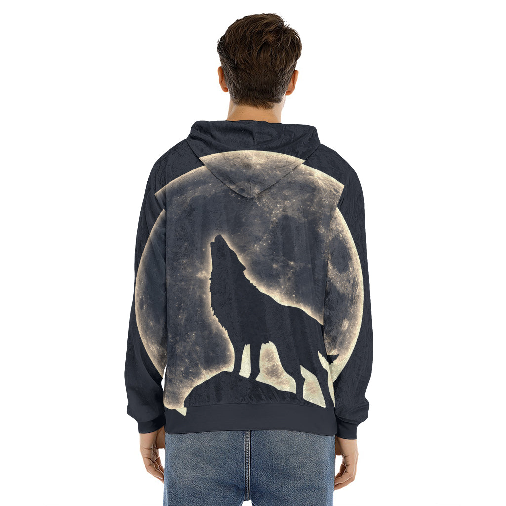 Full Moon Howling Wolf Print Men's Velvet Pullover Hoodie