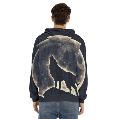 Full Moon Howling Wolf Print Men's Velvet Pullover Hoodie
