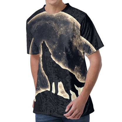 Full Moon Howling Wolf Print Men's Velvet T-Shirt
