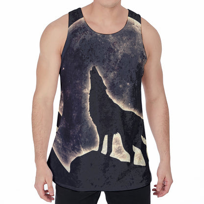 Full Moon Howling Wolf Print Men's Velvet Tank Top