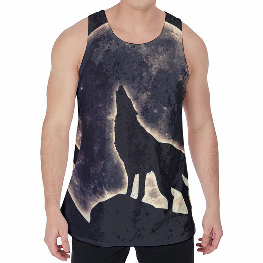 Full Moon Howling Wolf Print Men's Velvet Tank Top