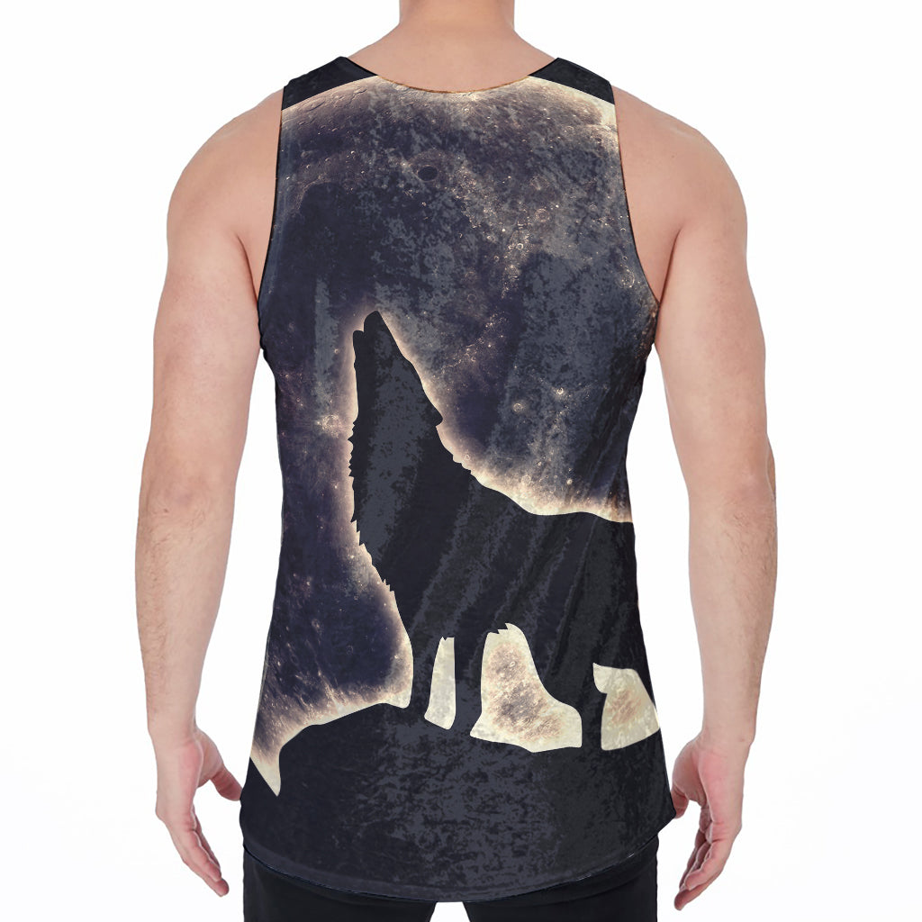 Full Moon Howling Wolf Print Men's Velvet Tank Top