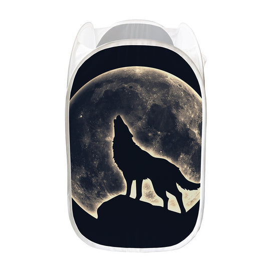 Full Moon Howling Wolf Print Mesh Laundry Hamper