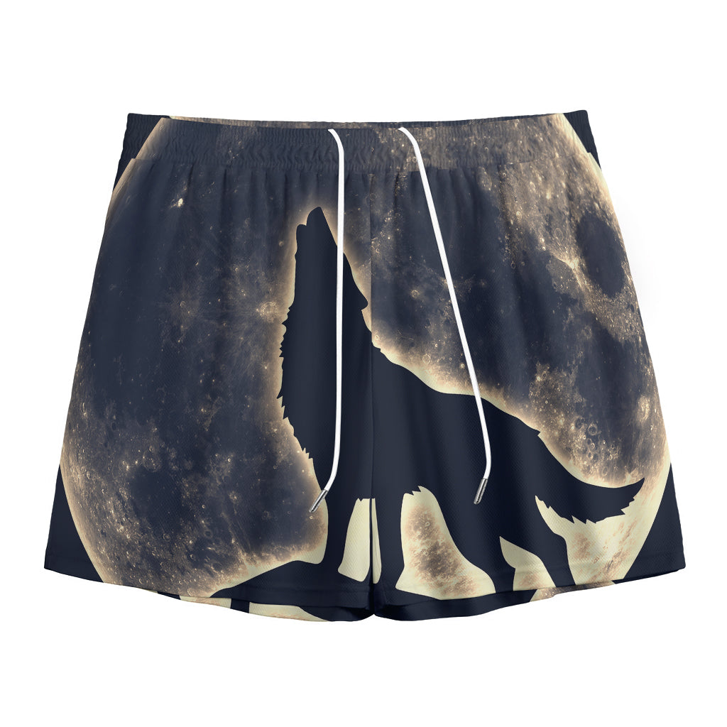 Full Moon Howling Wolf Print Mesh Shorts