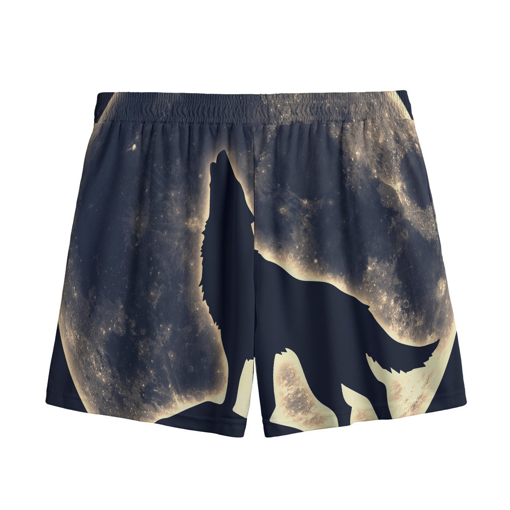 Full Moon Howling Wolf Print Mesh Shorts