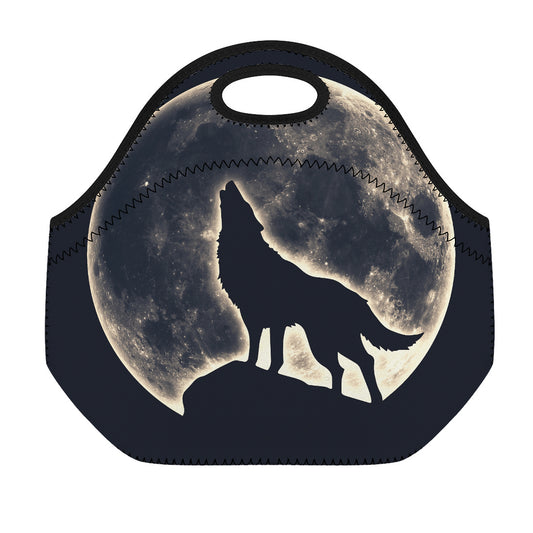 Full Moon Howling Wolf Print Neoprene Lunch Bag