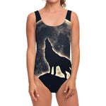 Full Moon Howling Wolf Print One Piece Swimsuit